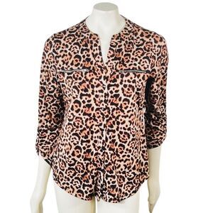 Always Indigo Cheetah‎ Animal Print Blouse Zipper Pockets Button Maximalist M
